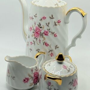 Vintage Lefton Moss Rose Coffee Tea Pot Sugar and Creamer Set